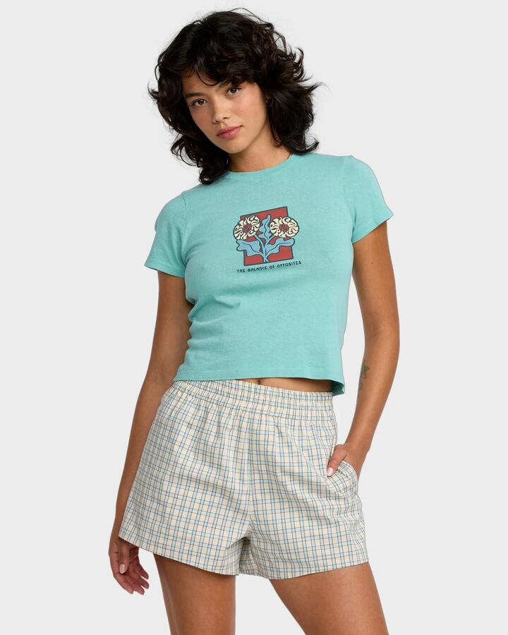 Image of a model wearing Shorts. Productname: RVCA - Womens Mikey Boxer Elastic Waist Shorts - Mist Blue - in Mist Blue colour by brand - RVCA
