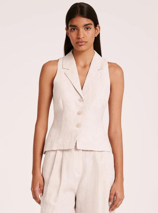 Image of a model wearing Tops. Productname: Nude Lucy Thilda Linen Vest in Natural colour by brand - Nude Lucy