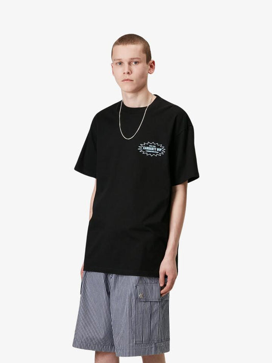 Image of a model wearing Tops. Productname: Carhartt Wip S/S Catalogue T-Shirt in Black/Bluebird colour by brand - Carhartt Wip