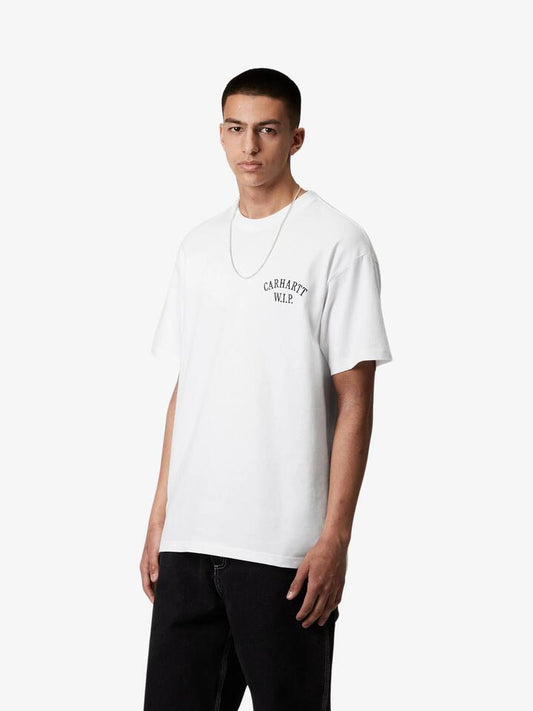 Image of a model wearing Tops. Productname: Carhartt Wip S/S Cabinetry T-Shirt in White/Black colour by brand - Carhartt Wip
