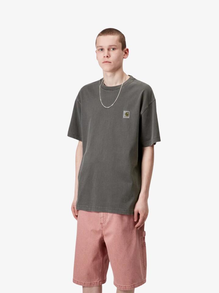 Image of a model wearing Tops. Productname: Carhartt Wip S/S Nelson T-Shirt - Graphite in Graphite colour by brand - Carhartt Wip