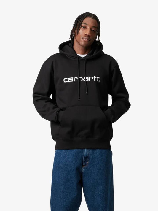 Image of a model wearing Outerwear. Productname: Carhartt Wip Hooded Carhartt Sweat in Black/White colour by brand - Carhartt Wip