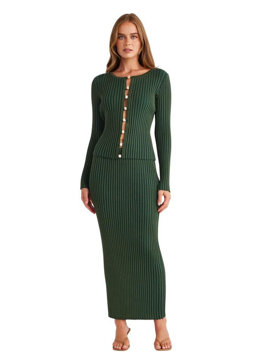 Image of a model wearing Skirts. Productname: SNDYS Odetta Maxi Skirt in WILD GREEN colour by brand - SNDYS