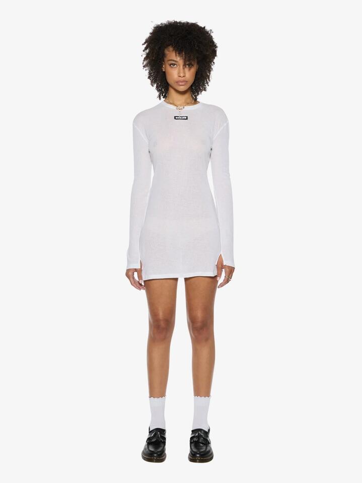 Image of a model wearing Tops. Productname: Ksubi Crawford Long Sleeve Mini Dress in White colour by brand - Ksubi