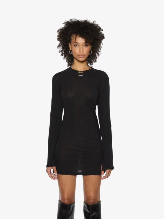 Image of a model wearing Dress. Productname: Ksubi Crawford Long Sleeve Mini Dress in Black colour by brand - Ksubi