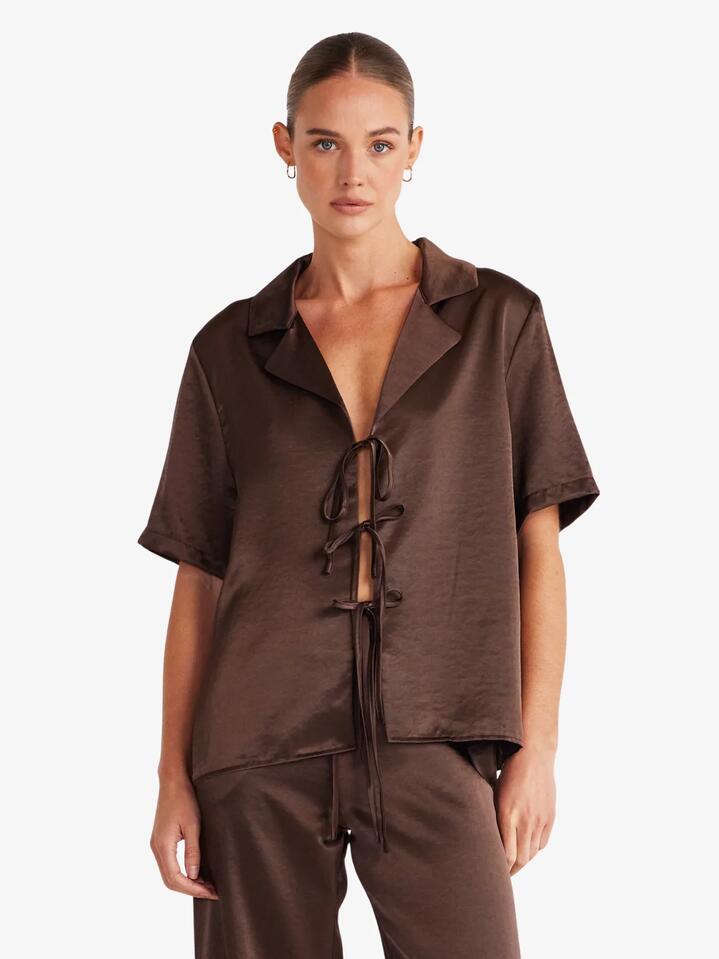 Image of a model wearing Tops. Productname: SNDYS Agni Shirt in CHOCOLATE colour by brand - SNDYS