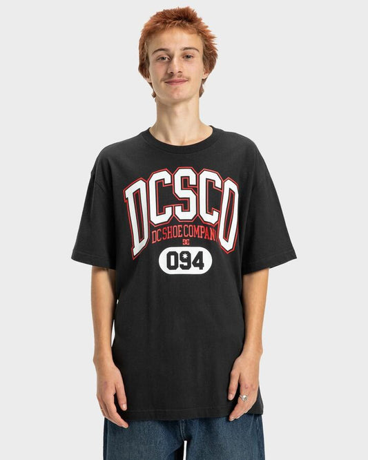 Image of a model wearing Tops. Productname: DC Shoes - Mens Elevtive T-Shirt - Black - in Black colour by brand - DC Shoes
