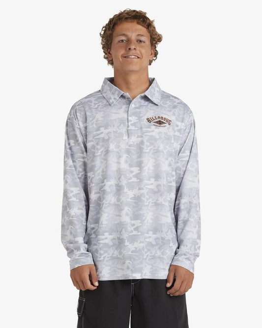 Image of a model wearing Tops. Productname: Billabong Mens Fisho Long Sleeve Rash Vest White Camo - in White Camo colour by brand - Billabong