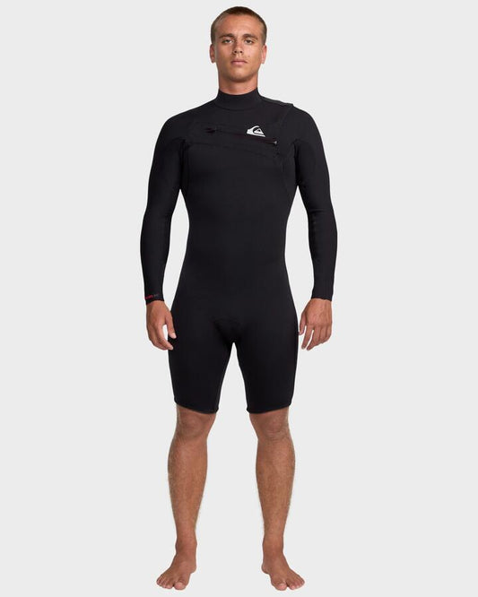 Image of a model wearing Tops. Productname: Quiksilver Mens 2/2Mm Highline Chest Zip Springsuit Black - in Black colour by brand - Quiksilver