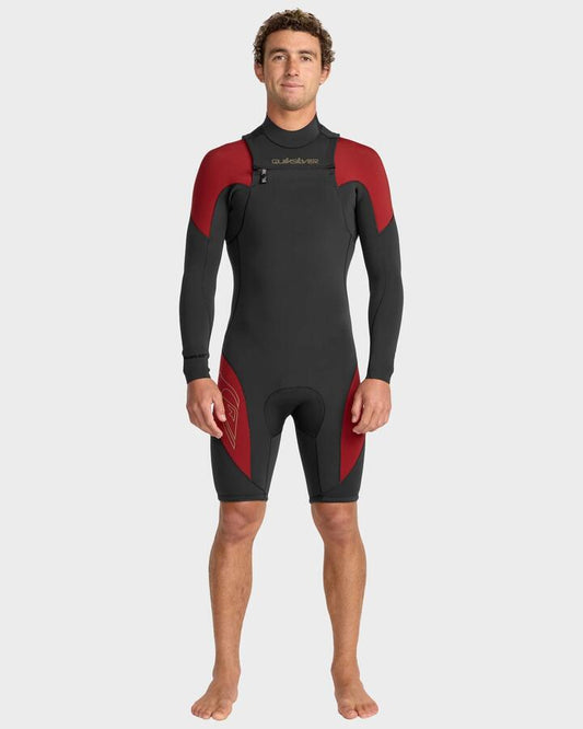 Image of a model wearing Tops. Productname: Quiksilver - Mens 2/2Mm Mercury Front Zip Long Sleeve Springsuit - High Risk Red - in High Risk Red colour by brand - Quiksilver
