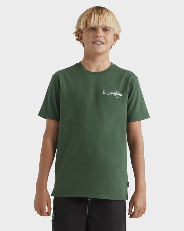 Image of a model wearing Tops. Productname: Billabong - Boys 8-16 Spec 73 T-Shirt - Dark Forest - in Dark Forest colour by brand - Billabong