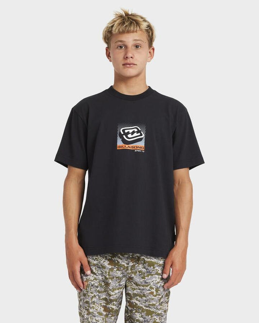 Image of a model wearing Tops. Productname: Billabong - Boys 8-16 Spec 3D T-Shirt - Black - in Black colour by brand - Billabong