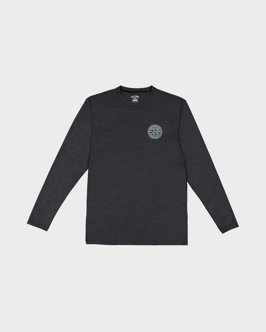 Image of a model wearing Tops. Productname: Billabong - Mens Rotor Shorline Long Sleeve Rash Vest - Black Heather - in Black Heather colour by brand - Billabong