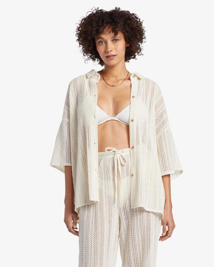 Image of a model wearing Tops. Productname: Billabong - Womens Largo Short Sleeve Shirt - Salt Crystal - in Salt Crystal colour by brand - Billabong
