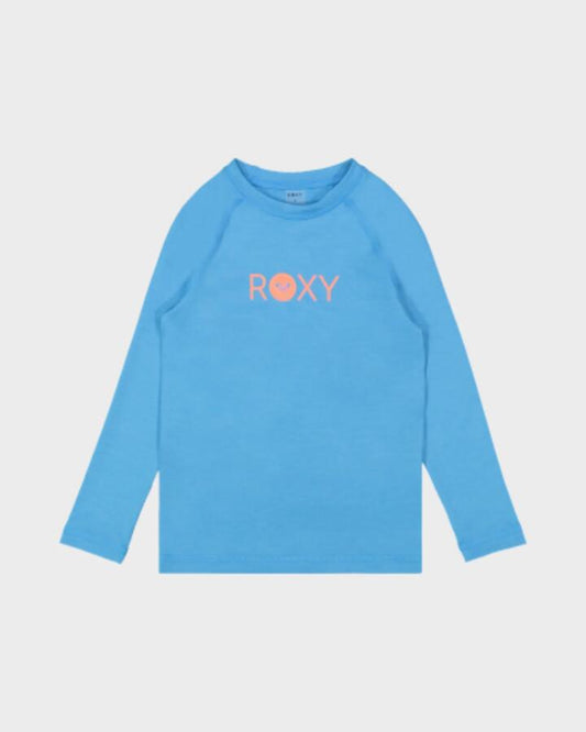 Image of a model wearing Tops. Product name - Roxy Girls 2-7 Essential Long Sleeve Rash Vest Malibu Blue in Malibu Blue colour by brand - Roxy