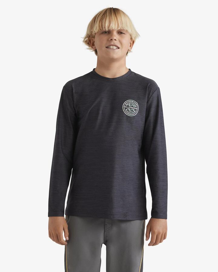 Image of a model wearing Tops. Productname: Billabong - Boys 8-16 Rotor Shorline Long Sleeve Rash Vest - Black Heather - in Black Heather colour by brand - Billabong