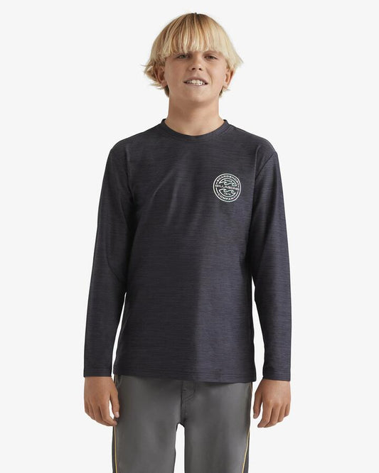 Image of a model wearing Tops. Productname: Billabong Boys 8-16 Rotor Shorline Long Sleeve Rash Vest Black Heather - in Black Heather colour by brand - Billabong