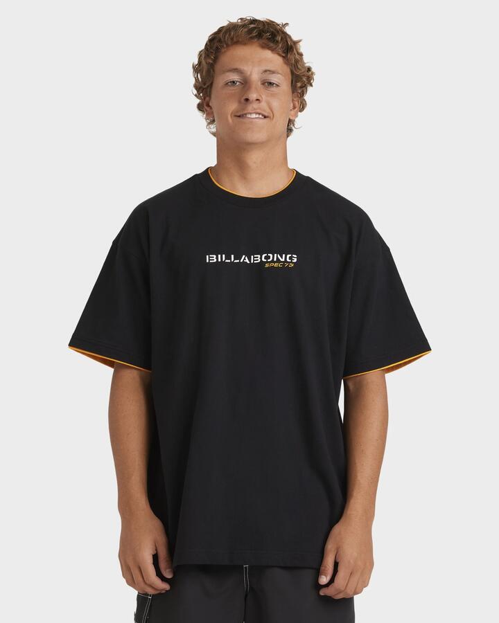 Image of a model wearing Tops. Productname: Billabong - Mens Spec Tipper T-Shirt - Black - in Black colour by brand - Billabong