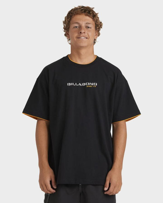 Image of a model wearing Tops. Productname: Billabong - Mens Spec Tipper T-Shirt - Black - in Black colour by brand - Billabong