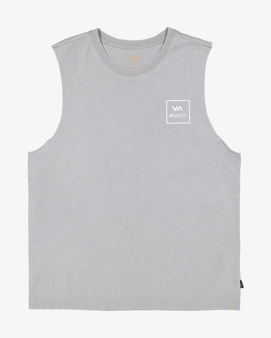 Image of a model wearing Tops. Product name - RVCA Mens Va All The Ways Muscle Shirts Monument in Monument colour by brand - RVCA