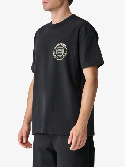 Image of a model wearing Shorts. Productname: S-Double Workshop Dot Short Sleeve Tee in Pigment Black colour by brand - S-Double