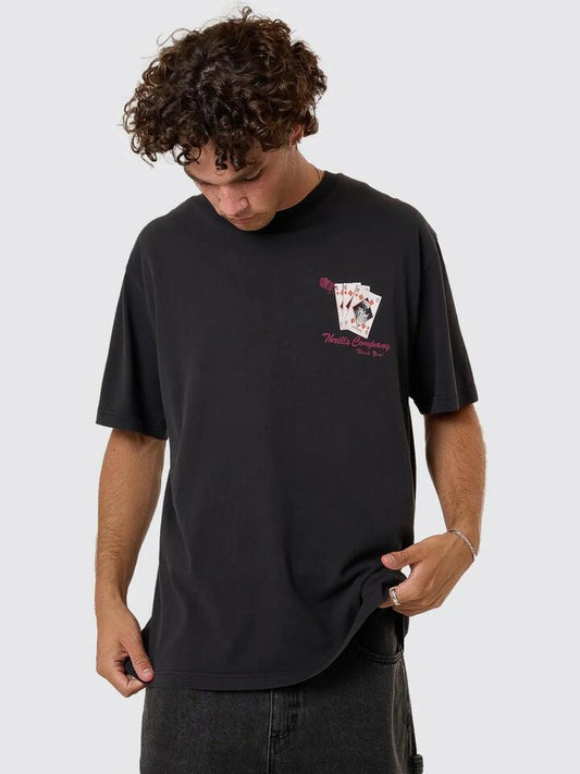 Image of a model wearing Shorts. Productname: Thrills Appreciation Box Fit Oversize Short Tee in Washed Black colour by brand - Thrills
