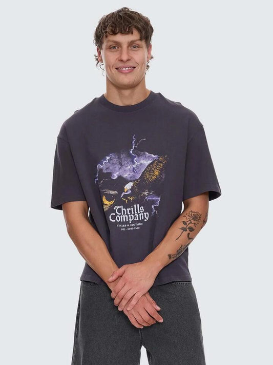 Image of a model wearing Shorts. Productname: Thrills Risk Box Fit Oversize Short Tee in Dark Charcoal colour by brand - Thrills