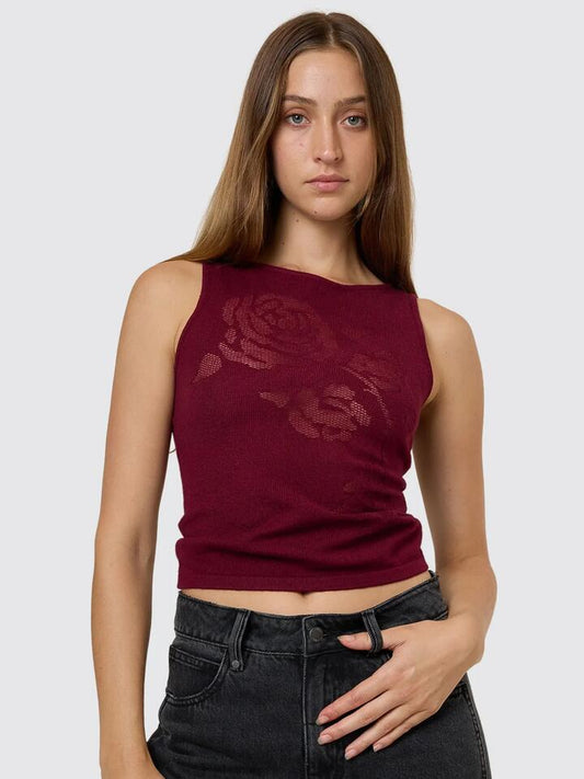 Image of a model wearing Tops. Productname: Thrills Rosetta Knit Tank in MAHOGANY colour by brand - Thrills