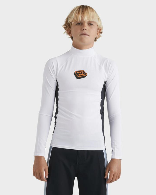 Image of a model wearing Tops. Productname: Billabong Boys 8-16 Boys Spec 73 Long Sleeve Rash Vest White - in White colour by brand - Billabong