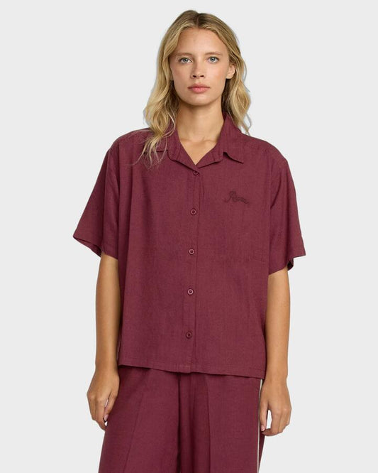 Image of a model wearing Tops. Productname: RVCA - Womens Syd Stripe Short Sleeve Shirt - Wine - in Wine colour by brand - RVCA