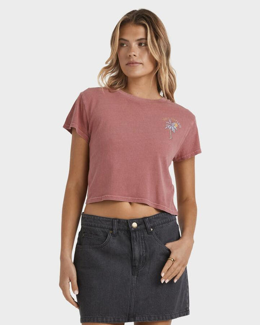 Image of a model wearing Tops. Productname: Billabong - Womens Palmin Camp T-Shirt - Wild Ginger - in Wild Ginger colour by brand - Billabong