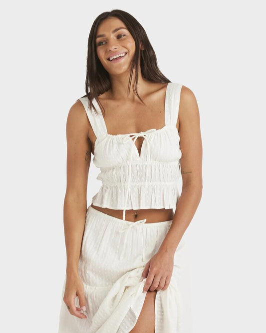 Image of a model wearing Tops. Productname: Roxy - Womens Sunset Mist Tank Top - Egret - in Egret colour by brand - Roxy