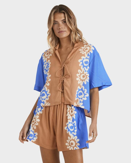 Image of a model wearing Tops. Productname: Billabong - Womens Trippin Dippin Short Sleeve Shirt - Sunburnt - in Sunburnt colour by brand - Billabong