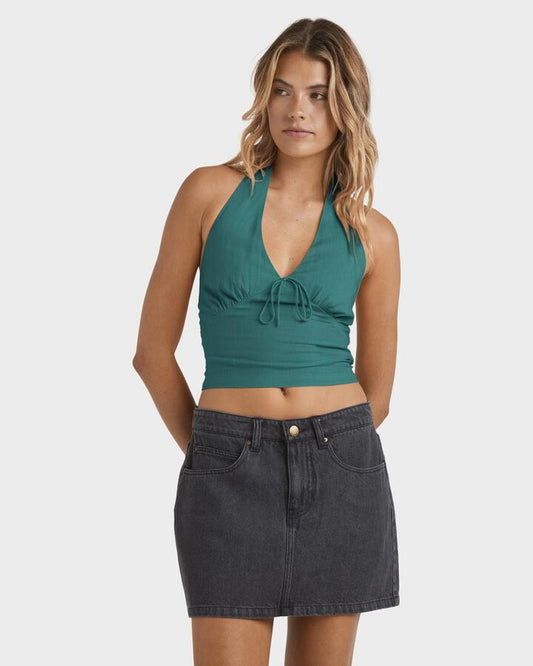 Image of a model wearing Tops. Productname: Billabong - Womens After Sunset Tank Top - Evergreen - in Evergreen colour by brand - Billabong