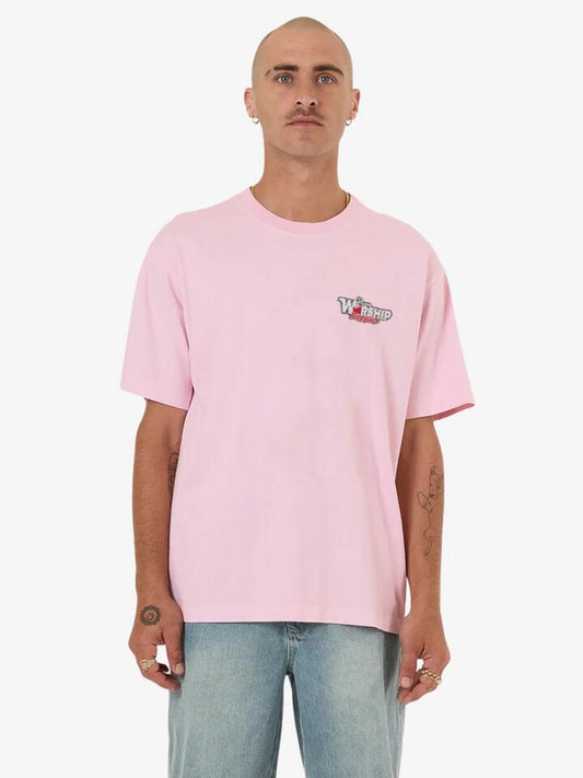 Image of a model wearing Denim. Productname: Worship Glazed and Confused T in Pink colour by brand - Worship