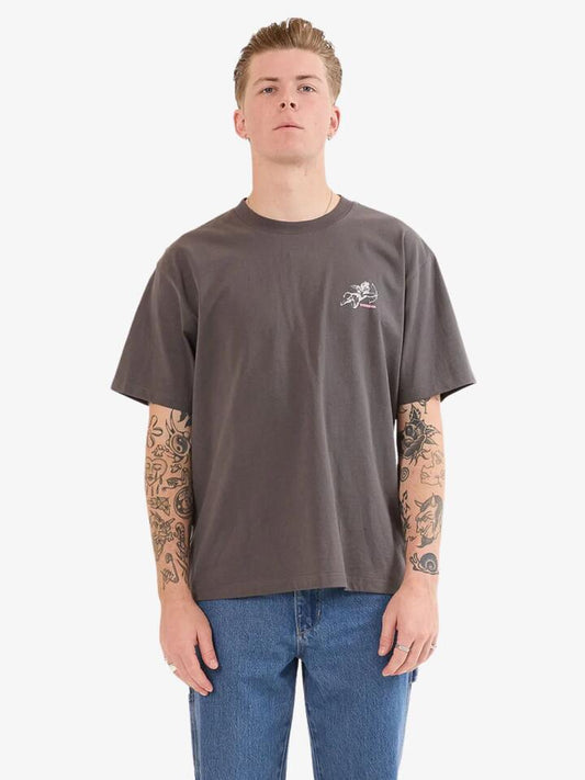 Image of a model wearing Denim. Productname: Worship Cherub T in Worn Black colour by brand - Worship