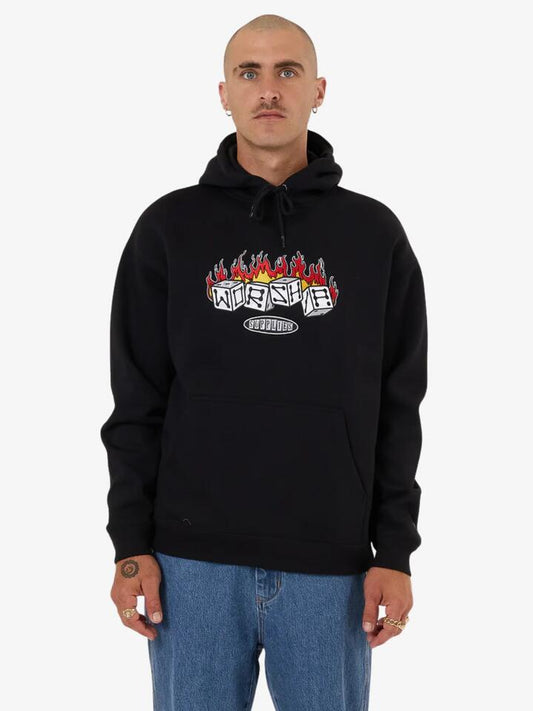 Image of a model wearing Outerwear. Productname: Worship Snake Eyes Pull Over Hood in Black colour by brand - Worship