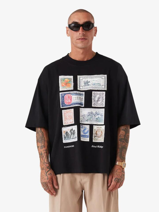 Image of a model wearing Tops. Productname: Zanerobe Stamps Flow Tee in Black colour by brand - Zanerobe