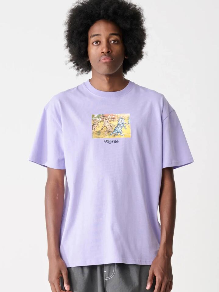 Image of a model wearing Shorts. Productname: Xlarge Challenge Short Sleeve Tee in Lavender colour by brand - Xlarge