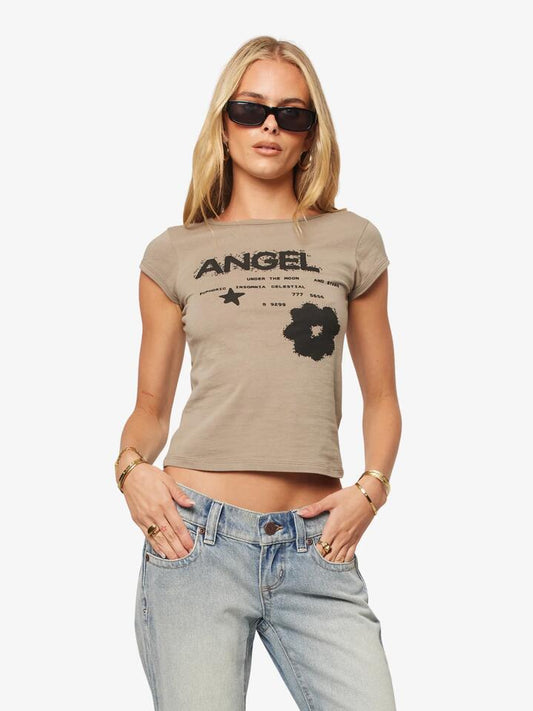 Image of a model wearing Tops. Productname: Abrand Y2K Baby Tee in Olive colour by brand - Abrand