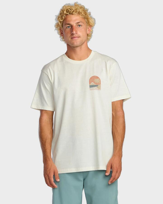Image of a model wearing Tops. Productname: Billabong Mens Coastal Range Adiv T-Shirt Off White - in Off White colour by brand - Billabong