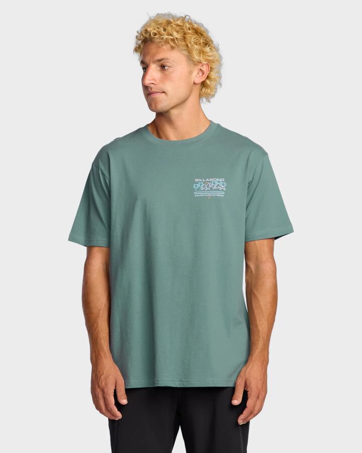 Image of a model wearing Tops. Productname: Billabong - Mens Coastal Range Adiv T-Shirt - Sea Blue - in Sea Blue colour by brand - Billabong