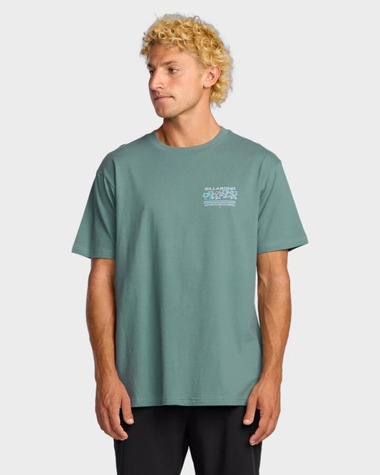 Image of a model wearing Tops. Productname: Billabong - Mens Coastal Range Adiv T-Shirt - Sea Blue - in Sea Blue colour by brand - Billabong