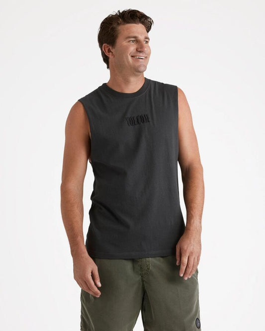 Image of a model wearing Tops. Productname: Volcom Mens Ripple Stone Muscle Shirt Stealth - in Stealth colour by brand - Volcom