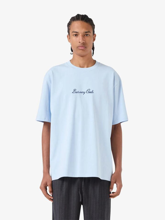 Image of a model wearing Tops. Productname: Barney Cools Tuscan Tee in Sky colour by brand - Barney Cools