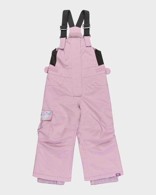 Image of a model wearing Pants. Productname: Roxy Girls 2-7 Lola Bib Snow Pants Discreet Mauve - in Discreet Mauve colour by brand - Roxy