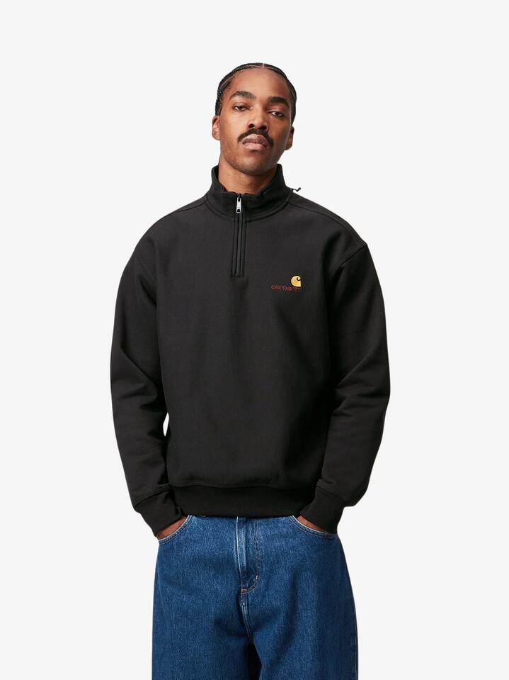 Image of a model wearing Outerwear. Productname: Carhartt Wip Half Zip American Script Sweat in Black colour by brand - Carhartt Wip