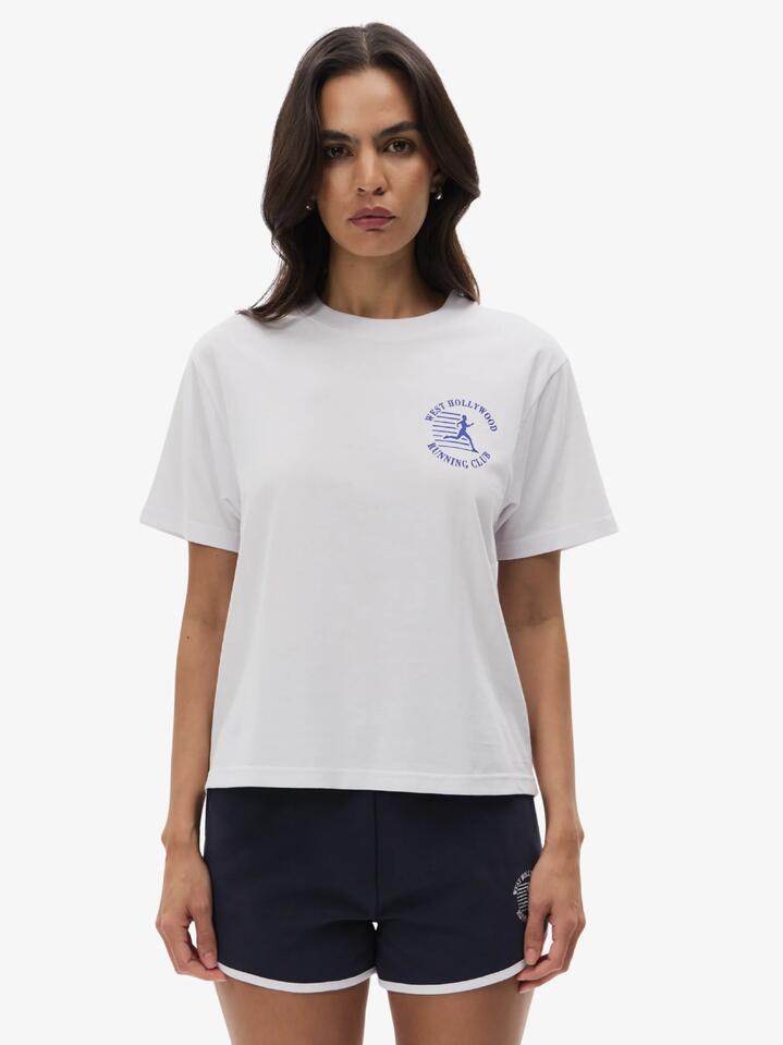 Image of a model wearing Outerwear. Productname: West Hollywood Sweat Club Running Relaxed Tee in White colour by brand - West Hollywood Sweat Club