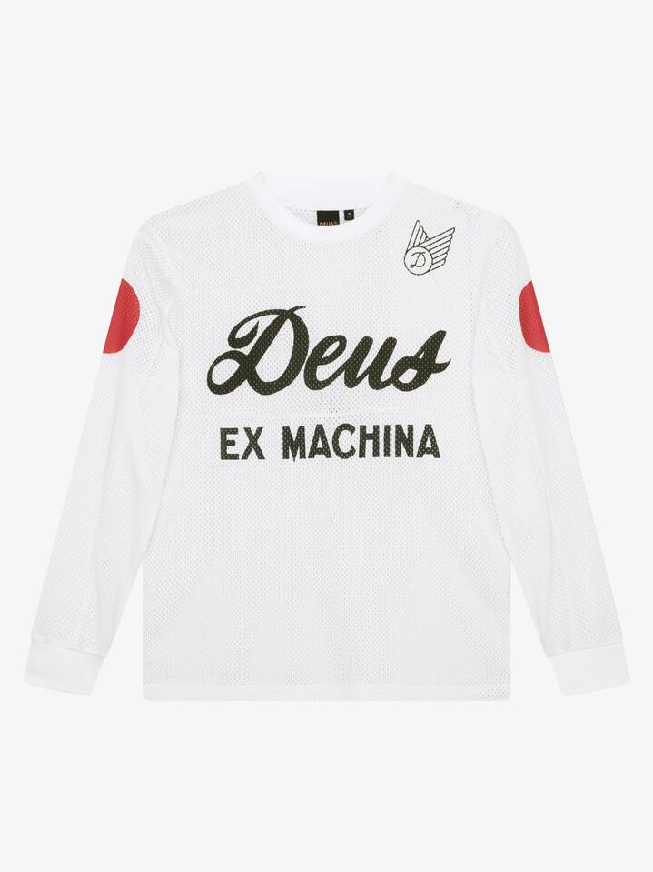 Image of a model wearing Tops. Productname: Deus Saber Moto Jersey in Vintage White colour by brand - Deus