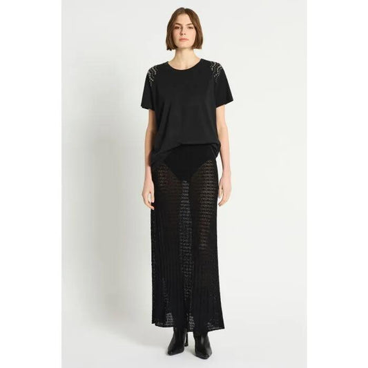 Image of a model wearing Tops. Productname: Raceway Tee in Black colour by brand - sass and bide